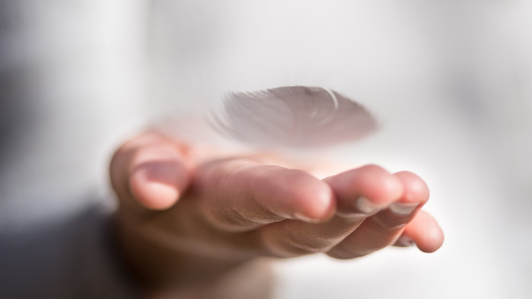 Eine flach ausgestreckte Hand mit einer Feder auf der Handinnenfläche zum Impuls für den Beginn der Fastenzeit in den Einrichtungen der Immanuel Albertinen Diakonie 